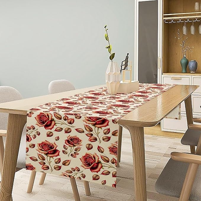 Retro Rose Table Runner, Romantic Love Elegant Plant Red Golden Flower Print Table Runner for Kitchen Dinning Table Runner Decor Home Wedding Party Holiday, 13x120 Inch