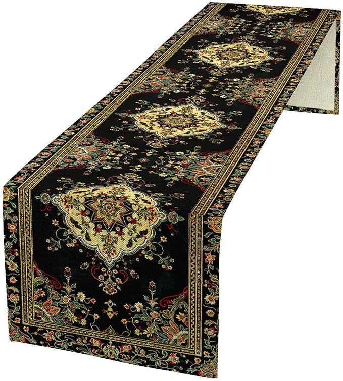 Colorful Boho Flower Table Runner, Vintage Rustic Farmhouse Paisley Hand Drawing Print Pattern for Home Kitchen Table Decor Dining Coffee Room Garden Party Decor 13x60in