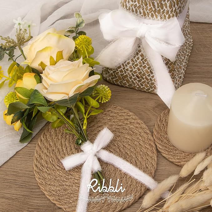 Ribbli 3 Rolls White Ribbon 5/8 Inch x 18Yards Handmade Cotton Frayed Fringe Ribbons for Gift Wrapping Wedding Invites Bridal Bouquets Baby Shower DIY Crafts Home Decor