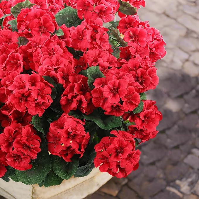 Hananona 24 Pcs Artificial Geranium Flowers for Outdoors Geranium Silk Red Flowers Outdoor UV Resistant Garden Plants Faux Flower for Christmas Home Kitchen Table Centerpieces Decor (24, Red)