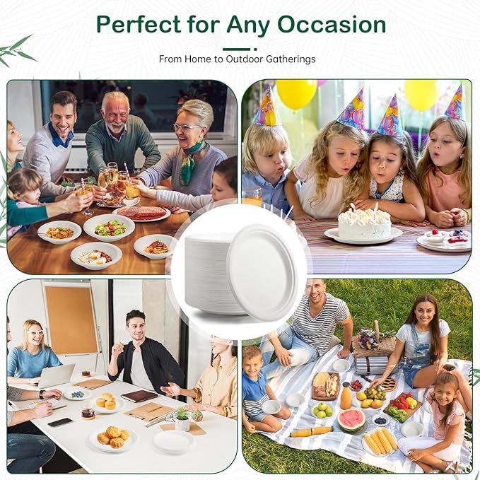 𝟗 𝐈𝐧𝐜𝐡, 𝟏𝟐𝟖-𝐏𝐚𝐜𝐤 Compostable Paper Plates, Heavy-Duty Biodegradable Disposable Dish Made from Bagasse, Perfeck for Snacks, Desserts, Party, Wedding and More (White)