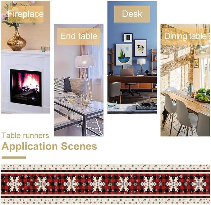 Snowflakes Christmas Table Runner,Red Buffalo Plaid Seasonal Winter Kitchen Dining Table Decoration for Home Party Decor 13x108 Inch