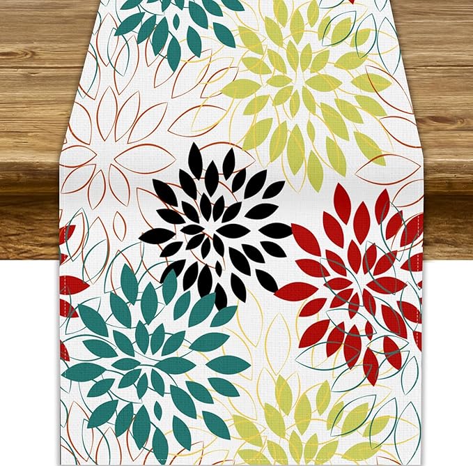 Abstract Red Dahlia Vintage Table Runner, Geometric Lines Mid Century Vintage Modern Colorful Table Runner for Party Kitchen Dining Living Room Laundry Room Decor, 13x36 Inch