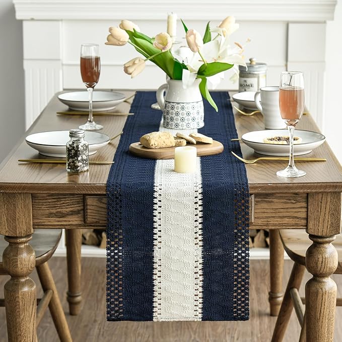 Artoid Mode Dark Blue Farmhouse Rustic Table Runner, Seasonal Hollow Kitchen Dining Table Decoration for Home Party Decor 12x120 Inch