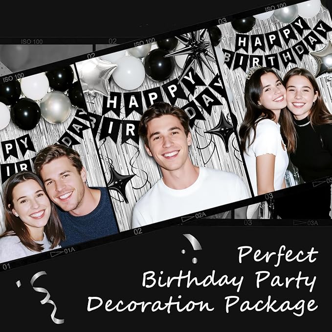 11th Birthday Decorations for Boys Girls, Black Silver Happy Birthday Party Decorations， 11 Year Old Party Supplies with Number 11 Balloons, Banner, Fringe Curtains Kit