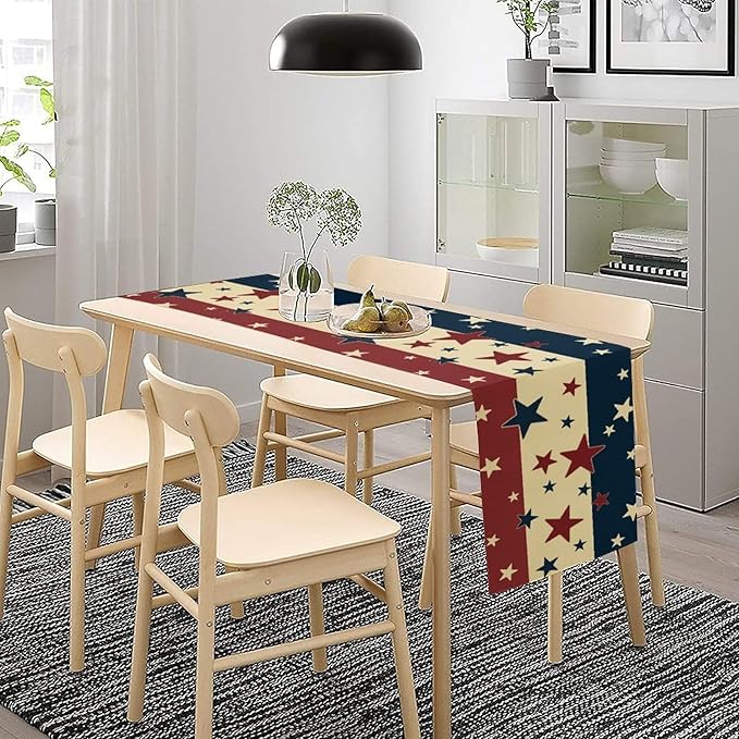 Memorial Day Table Runner, 4th of July American Patriotic Independence Day Stars Stripes Print Table Runne for Summer Holiday USA Home Decoration Party,13x120inch