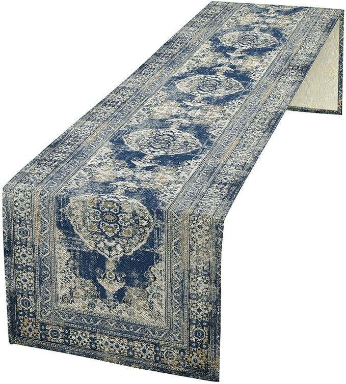 Vintage Boho Floral Table Runner, Rustic Country Farmhouse Blue Teal Retro Flower Pattern for Home Kitchen Table Decor Dining Coffee Room Party Decor 13x60in