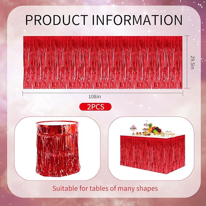 BEISHIDA 2 Pack Red Table Skirts Party Decorations Metallic Tinsel Foil Fringe Decors for Rectangle and Round Table Birthday Valentines Chinese New Year Graduation Congrats 2025 Party