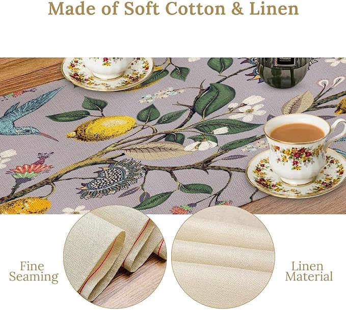 Table Runner with Flowers and Birds, Spring Plant Flowers Table Decoration Linen Table Runner Family Party Party Decorations 13x90 Inches