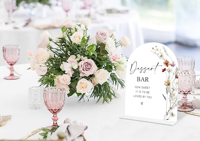 Boho Floral Dessert Bar Sign, 6 x 8 Inch White Arch Acrylic Wedding Sign with Holder, Wedding Sign for Ceremony and Reception, Wedding Decoration, Wedding Supplies - BX21
