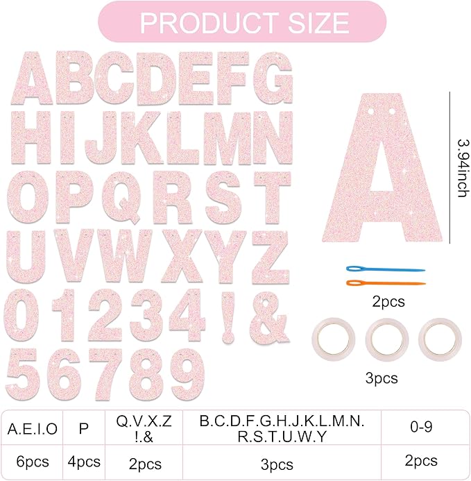 BEISHIDA 116 PCS Glitter Color Pink DIY Letter Banner Kit Make Your Own Banner，Including 111 Letters and Numbers 3 Rope and 4 Threading Device,Customized for Birthday Graduation Wedding Party Decor