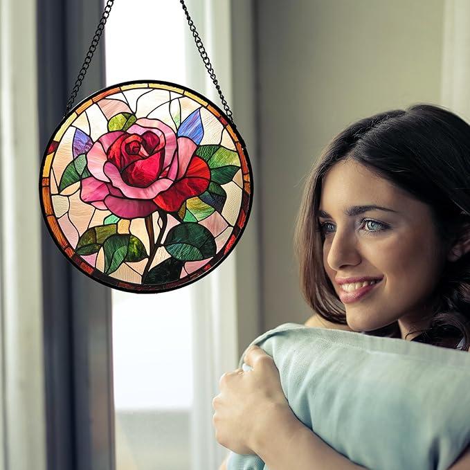 Stained Glass Window Hanging - Pink Rose Suncatcher for Door Garden Home Decor Birth Flower Sun Catcher Christmas Birthday for Friend Lovers Women Mom Nana 6.3 in