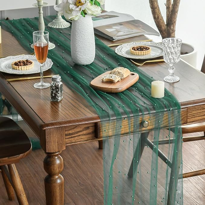 Artoid Mode Pearl Dark Green Gauze Table Runner 120 Inch 10FT, Seasonal Sheer Dining Holiday Wedding Birthday Baby Shower Table Decor for Home Party