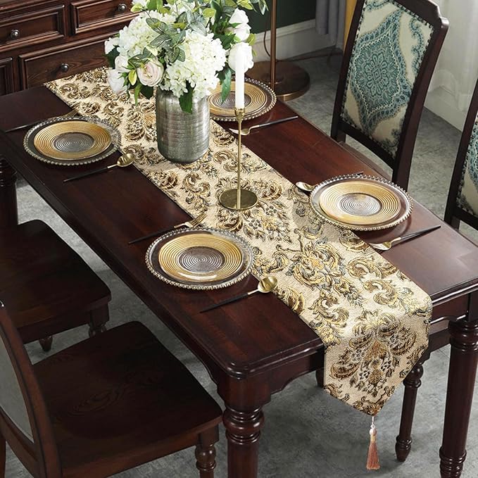 13x108 inch Exquisite Gold Floral Jacquard Table Runner Thick Beige Chenille with Elegant Tassels