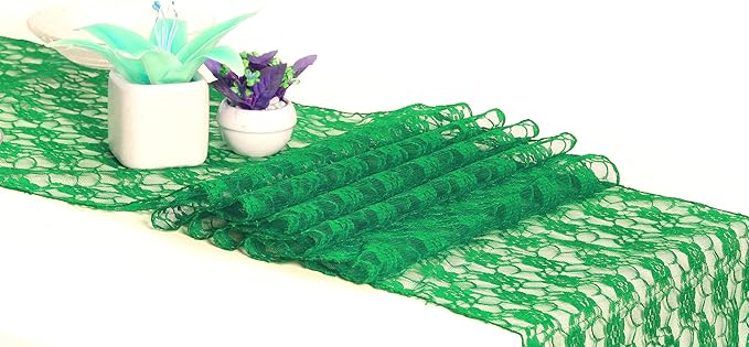 MDS Pack of 15 Wedding 12 x 108 inches Lace Table Runner for Wedding, Decorations for Birthday Parties, Banquets, Graduations, Engagements, and Runners fit Rectangle, Round Table- Green