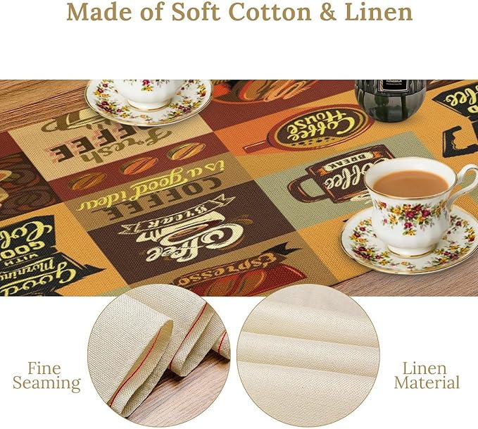 Coffee Table Runner,Vintage Style Coffee Beans Cups Theme Design Pattern Print Tablecloth Burlap for Hotel Indoors Outdoor Dining Room Kitchen Holiday Party, 13x36in
