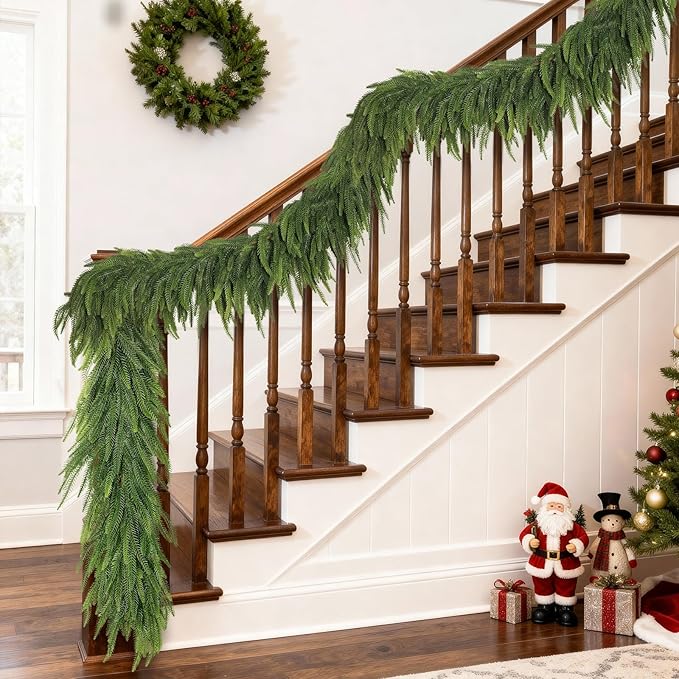 6FT Christmas Norfolk Pine Garland -2PCS, Artificial Pine Needles Garlands Faux Greenery Fake Garland for Holiday Fireplace,Table,Window,Stairs,Mante,Indoor Outdoor Decor