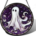 Stained Glass Window Hanging - Halloween Decorations White Ghost Purple Stars Suncatcher for Doors Garden Spooky Funny Sun Catchers Gothic Decor Horror Gifts for Women Men Friend 11.8 in