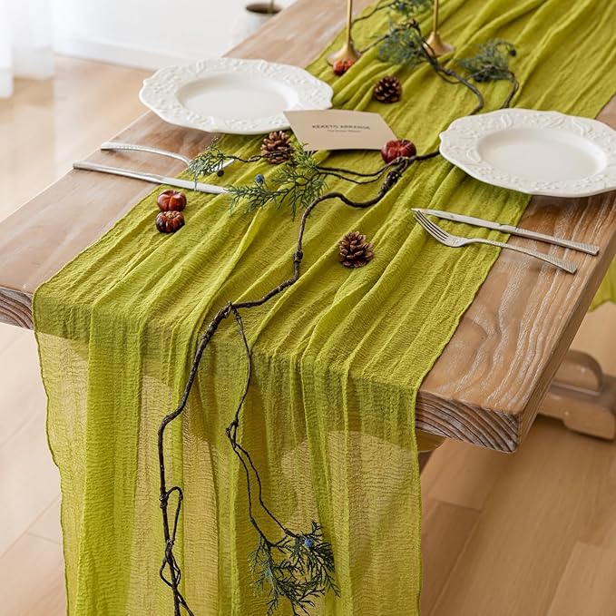 Moss Green Cheesecloth St Patricks Day Table Runner Gauze 120 Inch 10 FT Rustic Boho Cheese Cloth Runner for Wedding Baby Shower Bridal Shower Long Sheer Home Decorations