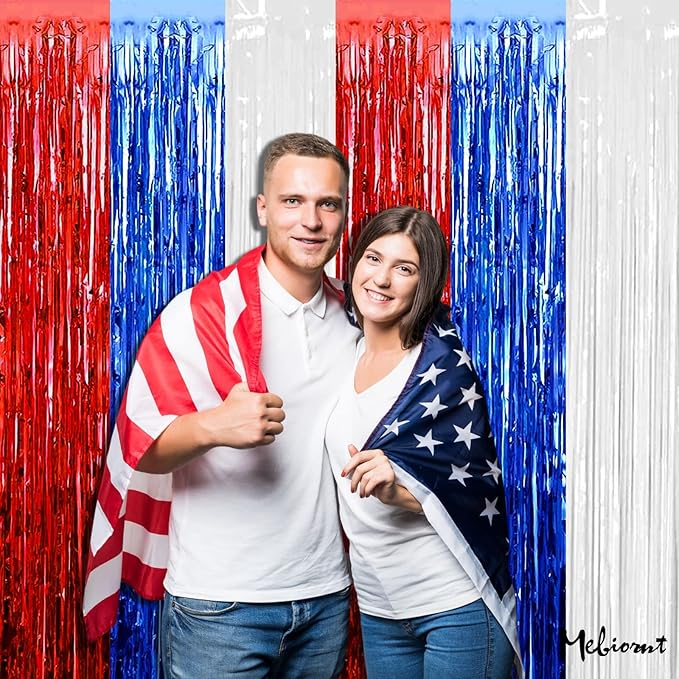 4 Pack 3.2Ft x 6.6Ft Independence Day Fringe Curtain Backdrop, Red Blue White Metallic Tinsel Foil Fringe Streamers Curtains Background for Photo Booth Birthday Wedding Carnival Party Decorations
