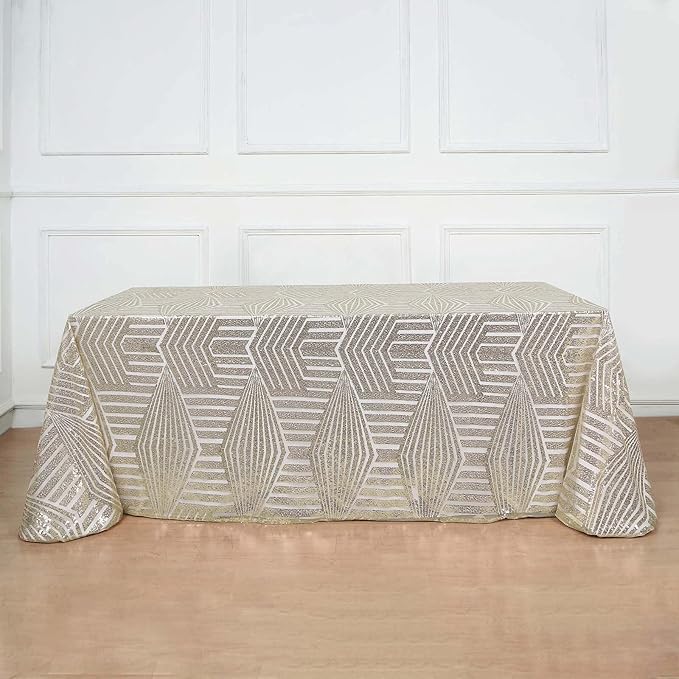 Efavormart 90"X132" Champagne Sparkly Sequin Geometric Tulle Rectangular Tablecloth