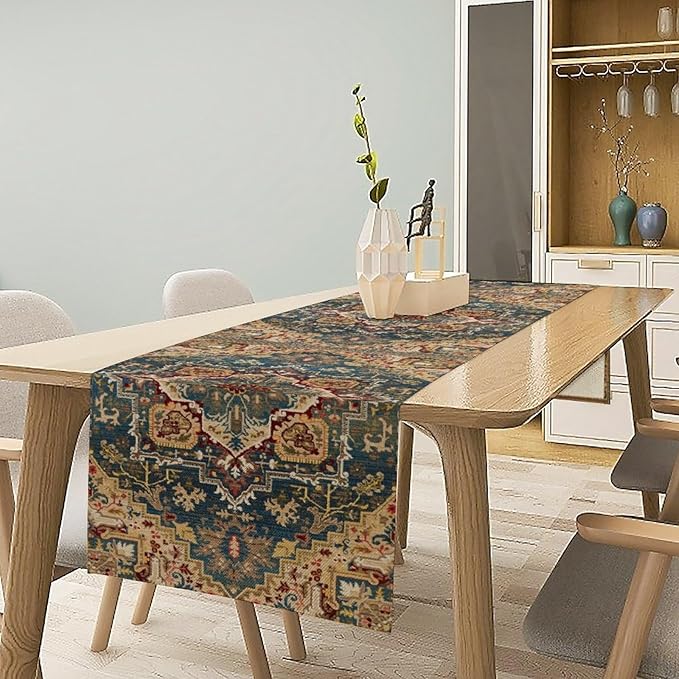 Boho Bohemia Style Table Runner, Country Rustic Farmhouse Vintahe Colorful Geometry Print Table Runner for Home Kitchen Dinner Party Holiday Decor, 13x108inch