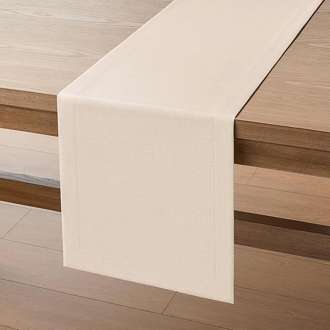 ZeeMart Linen Textured Border Table Runner, 14 x 48 Inch Cream, Farmhouse Style Cream Table Runners 48 Inches Long, Easy Care Everyday Polyester Table Runner