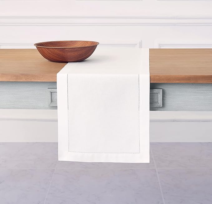 Solino Home White Table Runner 60 Inches - Cotton Linen Hemstitch Coffee Table Runner 14 x 60 Inch Ideal for Dresser Tables - Fall, Autumn, Halloween, Thanksgiving, Christmas, Holiday