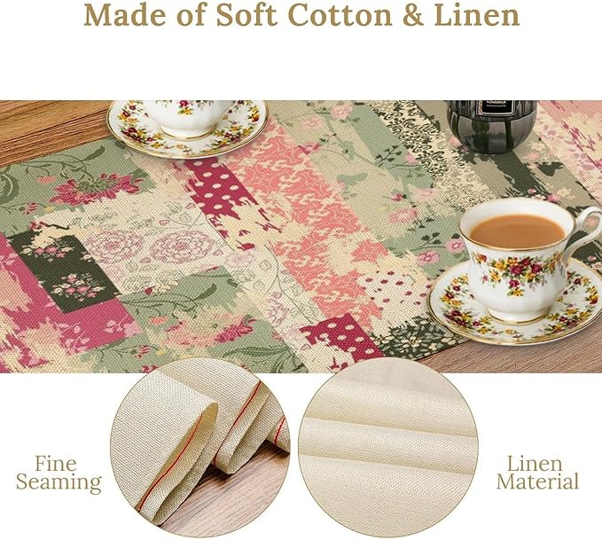 Patchwork Flower Table Runner,Abstract Colorful Floral Retro Style Hand Drawn Tablecloth Burlap for Hotel Indoors Outdoor Dining Room Kitchen Home Decor,W13X L108 in