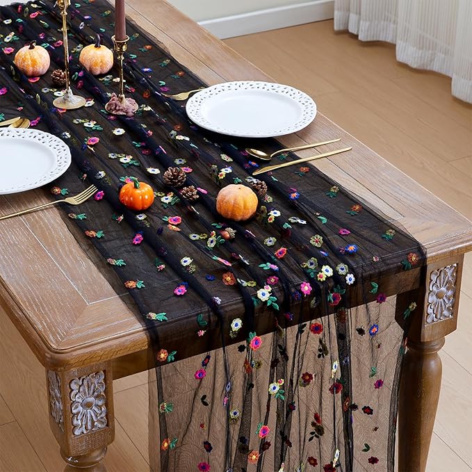 JIALE Black Floral Table Runner, Embroidery Daisy Seasonal Table Decorations, 120Inch 10FT Tulle Fabric for Home Decor, Bridal Shower Wedding, Baby Shower Parties, DIY Craft