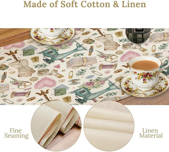 Sewing Theme Table Runner,Vintage Sewing Machine Tool Watercolor Pattern Print Tablecloth Burlap for Hotel Indoors Outdoor Dining Room Kitchen Home Decor,W13X L108 in