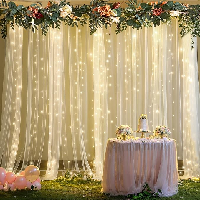 10ft x 10ft Champagne Sheer Tulle Backdrop Curtains with Lights String Wedding Backdrop for Reception Ceremony Birthday Party Baby Shower Photo Booth Background Decoration