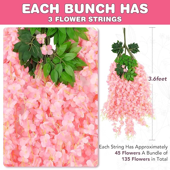 Wisteria Hanging Flowers,Fake Hanging Flowers,Wisteria artificiales Garland for Home Wedding Arch Floral Party Garden Ceremony Outdoor Decor,3.6 feet Long(150,Pink)