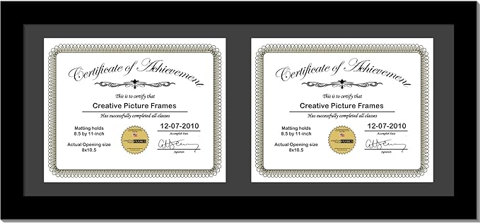 Creative Picture Frames 10X24Bk-B Black Horizontal Double Diploma Frame With 2 Opening Black Mat, Holds 2-8.5 By 11-Inch Documents With Wall Hanger