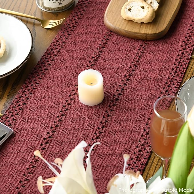 Artoid Mode Red Farmhouse Woven Rustic Hollow Table Runner, Seasonal Holiday Hollow Kitchen Dining Table Decoration for Home Party Decor 12x120 Inch