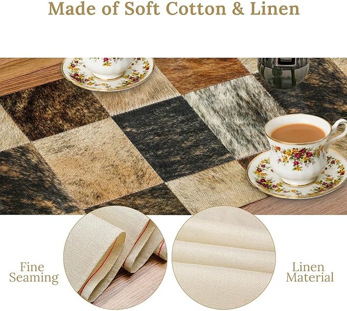 Rustic Cow Skin Patchwork Print Table Runner, Farmhouse Country Western Style Fur Table Cover for Dinning Home Party Holidays Home Setting, 13x70 Inch