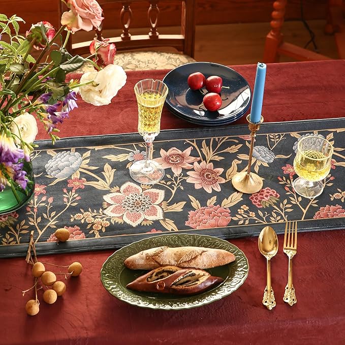 patdrea Designer Vintage Black Floral Velvet Table Runner 102 Inch Long, Pink Khaki Bouquets Pattern Table Mat, Decoration for Kitchen Dining Coffee Table Cabinet Banquet Thanksgiving,12"*102"