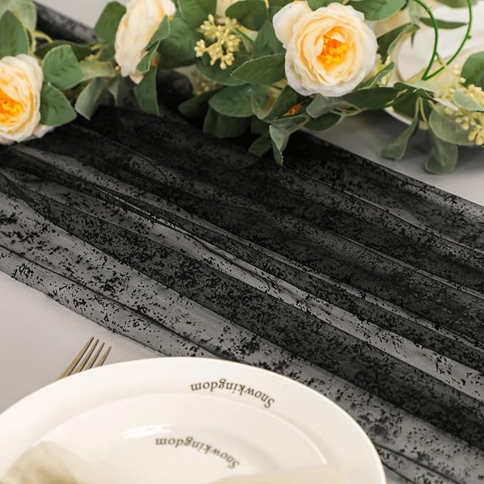 Snowkingdom Black Table Runner, 10FT Sheer Tulle Cheesecloth Gauze Metallic Mesh Foil Table Decoration for Halloween, Party, and Christmas