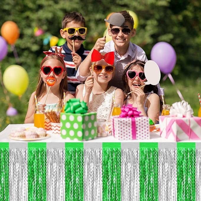 6 Pack 29 x108 Inch Silver Greenange Wave Foil Fringe Table Skirts Metallic Banner for Tinsel Streamer Garland Backdrop for Parade Floats, Mother's Day, Easter, Wedding, Birthday Party Decoration