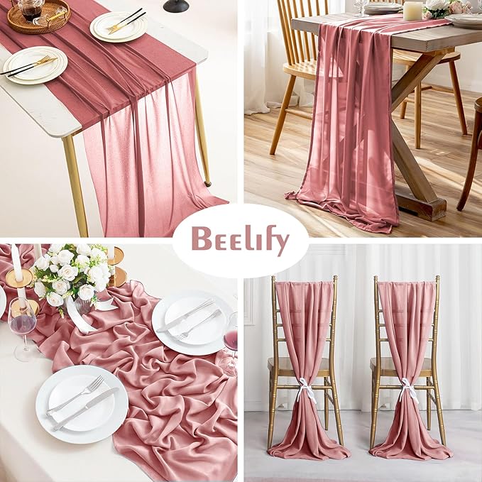 2 Pack 10 Ft Chiffon Table Runner Blush Pink Gauze Long Table Runners 27x120 Inches Sheer Tulle Table Runner for Rustic Wedding Reception Bridal Shower Decorations Birthday Party