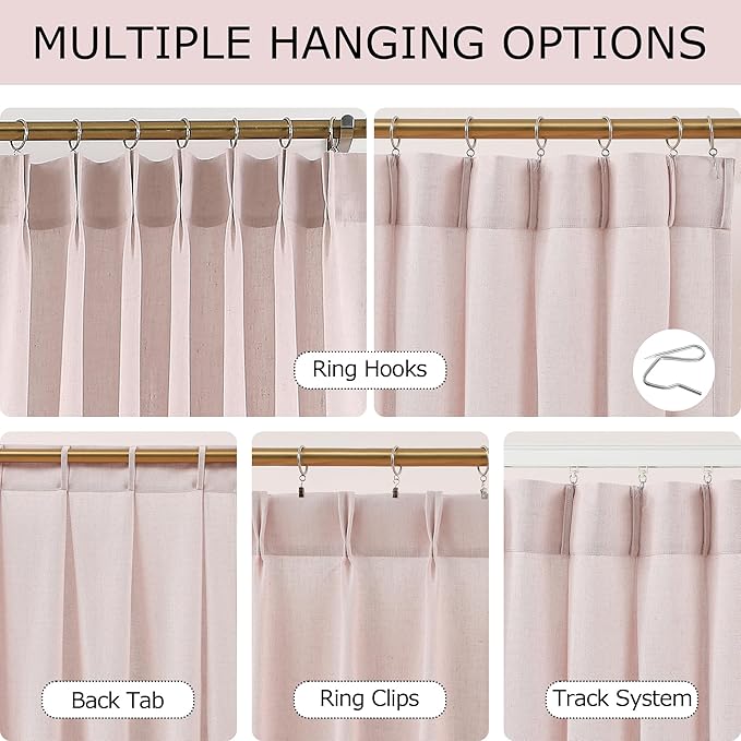 Vision Home Soft Pink Pinch Pleated Semi Sheer Curtains Textured Linen Blended Light Filtering Window Curtains 120 inch for Living Room Bedroom Pinch Pleat Drapes with Hooks 10ft 2 Panels 40" Wx120 L