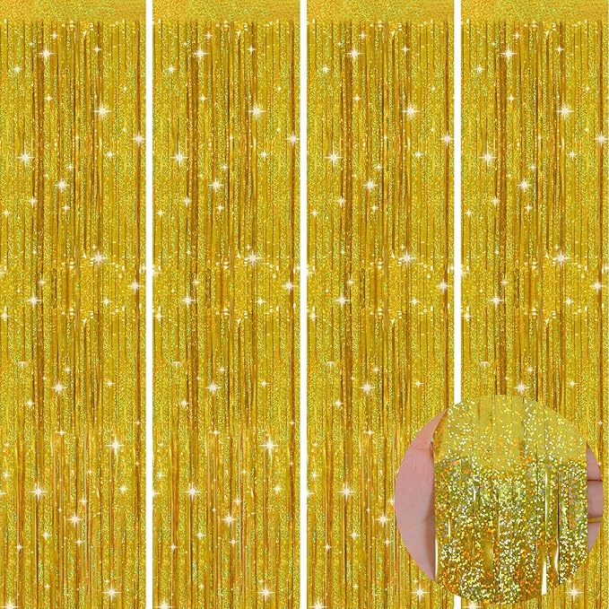 Picoway 4 Pack Gold Foil Fringe Tinsel Backdrop Curtains, Birthday Engagement Bachelorette Party Decorations, Photo Booth Props Door Streamers Curtain