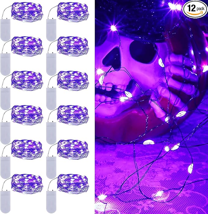 WATERGLIDE 12 Pack Halloween Fairy Lights Battery Operated (Included), 7 ft 20 LED Mini Firefly Starry String Lights, Waterproof Black Wire Light for DIY Mason Jar Table Halloween Decor, Purple