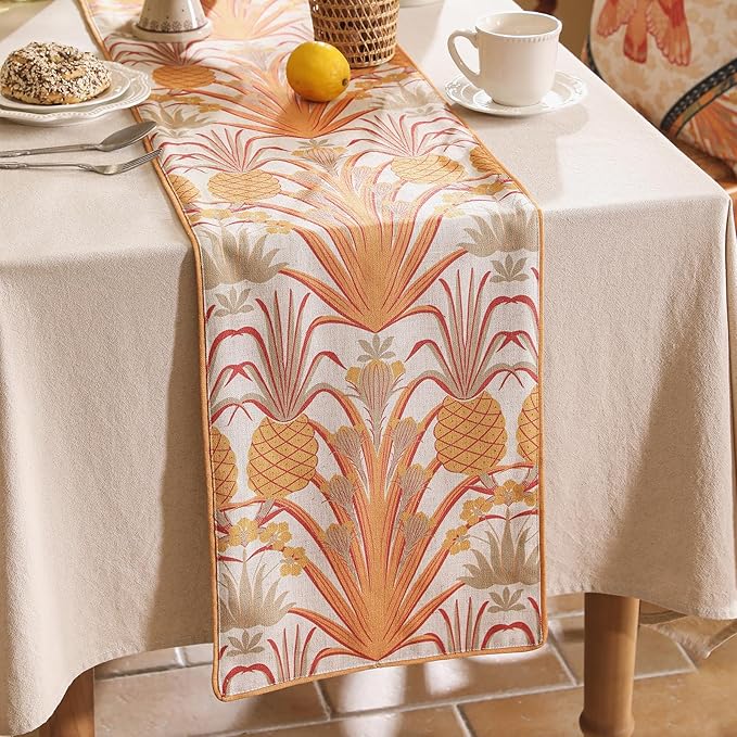 patdrea Designer Tropical Linen Table Runner 71 Inch Long, Yellow Vintage Elegant with Pineapple Pattern Table Mat,Decoration for Kitchen Dining Coffee Table Cover Banquet Christmas , 12"*71"