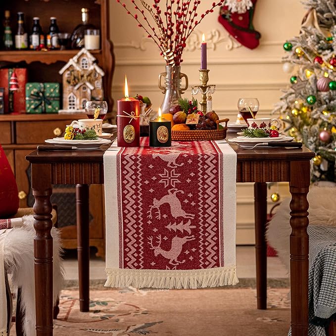 Table Runners 48 Inches,Elk Table Runner with Tassel Fringe,Christmas Table Runner for Party，Coffee Table, Festival