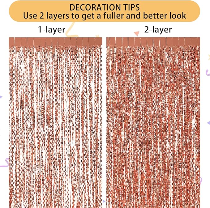 Wavy Fringe Curtain - Rose Gold, 3.3 ft x 6.6 Feet, Pack of 3 | Party Decorations, Streamers for Birthday Backdrop