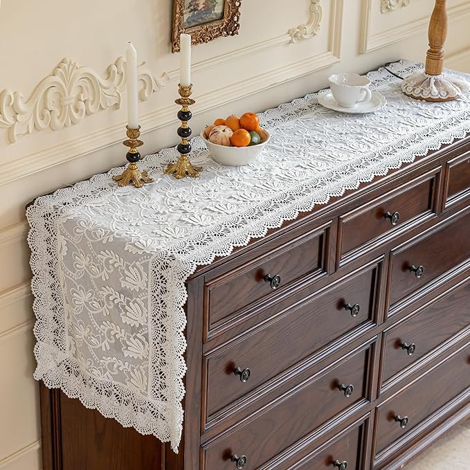 White Elegant Vintage Lace Table Runners,Wedding Lace Decor with Floral Embroidery,Tea Party Decor (White, 13.8X94.5 Inches)