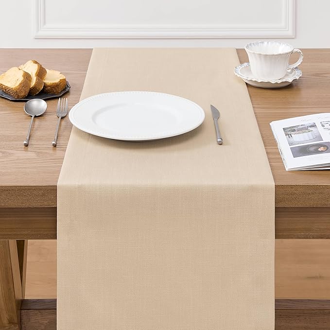 ZeeMart Linen Textured Border Table Runner, 14 x 72 Inch Oatmeal, Farmhouse Style Beige Table Runners 72 Inches Long, Easy Care Everyday Polyester Table Runner