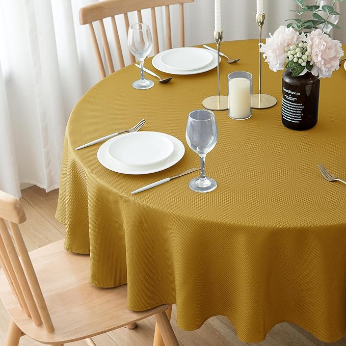 Biscaynebay Round Christmas Tablecloths 60" for Round Tables diameters from 28" to 48", Gold Textured Fabric Water Resistant Folding Table Covers Washable for Dining, Kitchen, Wedding, Parties etc