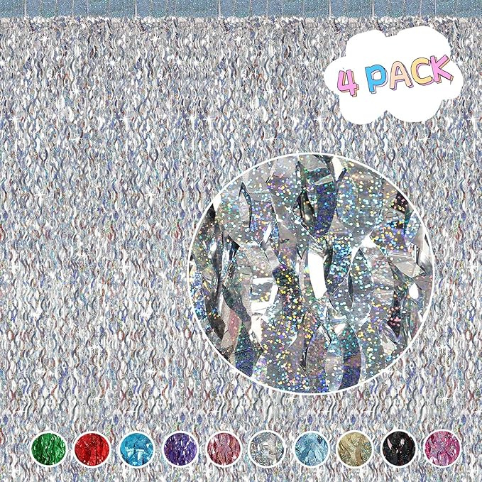 4 Pack Silver Tinsel Backdrop - CYLMFC 3.3 ft x 6.6 ft Streamer Metallic Tinsel Foil Fringe Curtains Photo Booth Props Wall Curtains for Bachelorette Birthday Party Decor